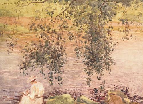 lady reading by a river